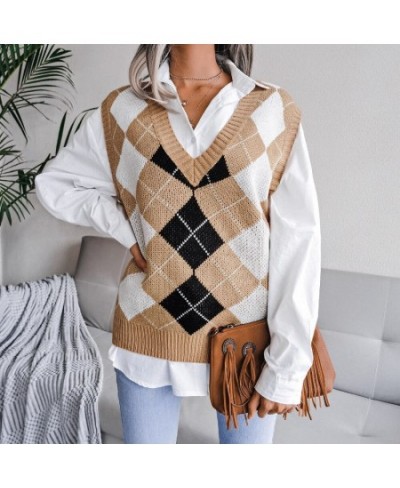 2023 Autumn/Winter Academy Style Diamond V-Neck Casual Loose Knitted Tank Top Sweater Women's Wear $29.74 - Tops & Tees