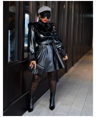 Black Faux Leather PU Mini Dress Women PU Leather Long Sleeve Dresses African Fashion Clothes Streetwear 2023 Fall Outfits $6...