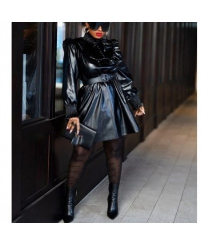 Black Faux Leather PU Mini Dress Women PU Leather Long Sleeve Dresses African Fashion Clothes Streetwear 2023 Fall Outfits $6...