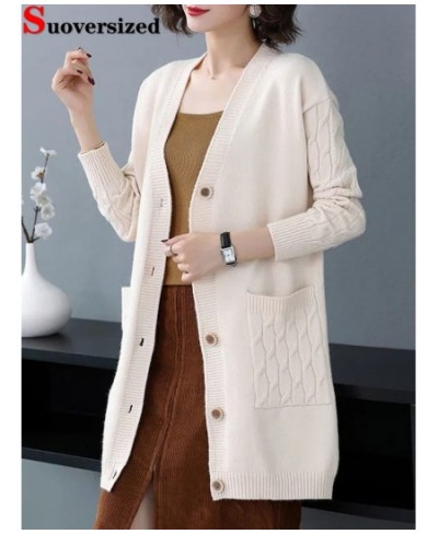 Spring Fall V-neck Knitted Cardigan Women's mid-length Oversize 4xl Elegant Sweater Coats Casual Basic Slim Knitewear Outwear...