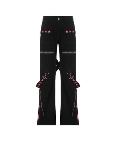 Y2k Star Bandage Jeans Low Waisted Punk Cargo Pants Women Retro Pockets Zipper Goth Black Trousers Streetwear Korean $61.36 -...