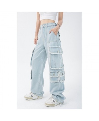 Blue Women's Straight Cargo Jeans High Waist American Streetwear Vintage Pants Chic Design Casual Ladies Denim Wide Leg Trous...