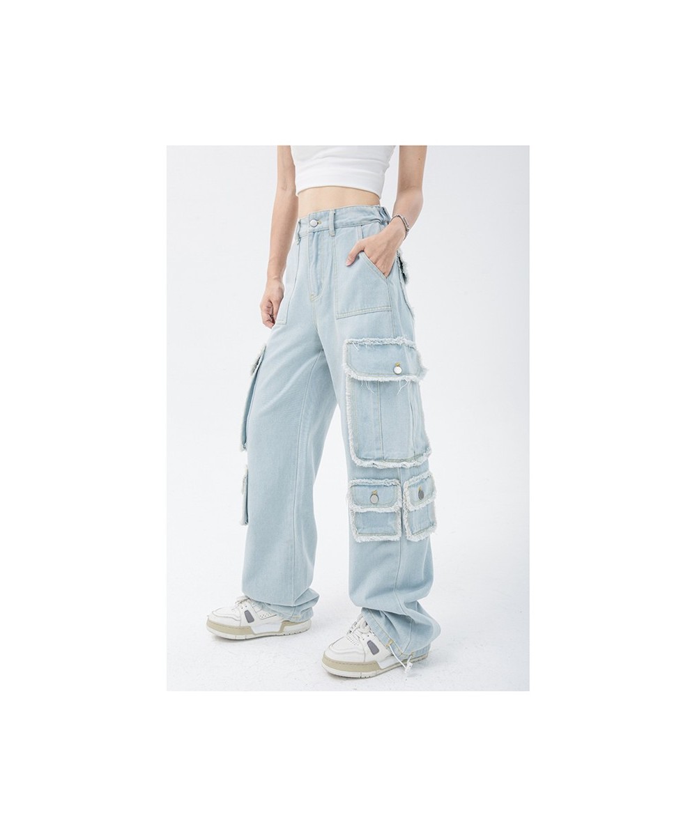 Blue Women's Straight Cargo Jeans High Waist American Streetwear Vintage Pants Chic Design Casual Ladies Denim Wide Leg Trous...