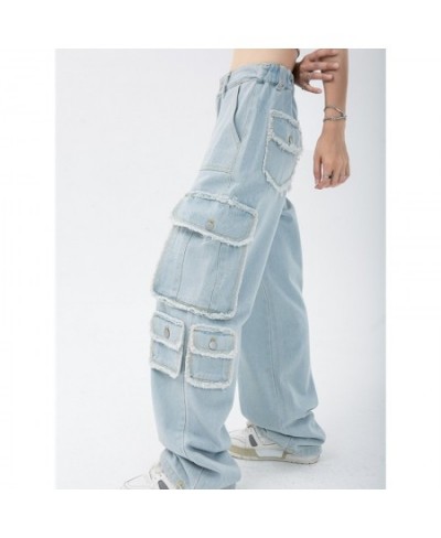 Blue Women's Straight Cargo Jeans High Waist American Streetwear Vintage Pants Chic Design Casual Ladies Denim Wide Leg Trous...