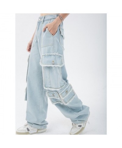 Blue Women's Straight Cargo Jeans High Waist American Streetwear Vintage Pants Chic Design Casual Ladies Denim Wide Leg Trous...