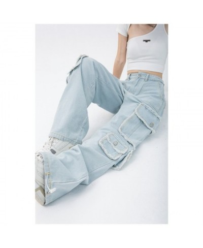 Blue Women's Straight Cargo Jeans High Waist American Streetwear Vintage Pants Chic Design Casual Ladies Denim Wide Leg Trous...