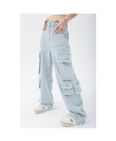 Blue Women's Straight Cargo Jeans High Waist American Streetwear Vintage Pants Chic Design Casual Ladies Denim Wide Leg Trous...