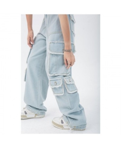 Blue Women's Straight Cargo Jeans High Waist American Streetwear Vintage Pants Chic Design Casual Ladies Denim Wide Leg Trous...