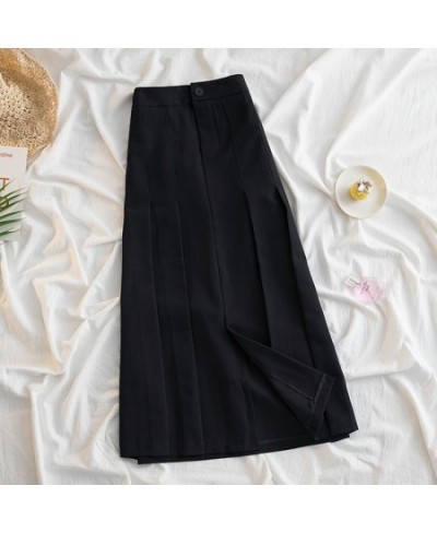 Black Gray Pleated Long Skirt for Women 2023 Spring Japanese Style High-Waist Skirts Woman Office Streetwear Midi Skirt $37.0...