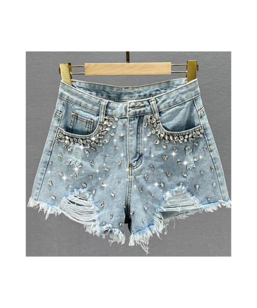 Ripped denim shorts women's 2022 new summer high-waisted diamond wide-leg short pants $56.14 - Jeans