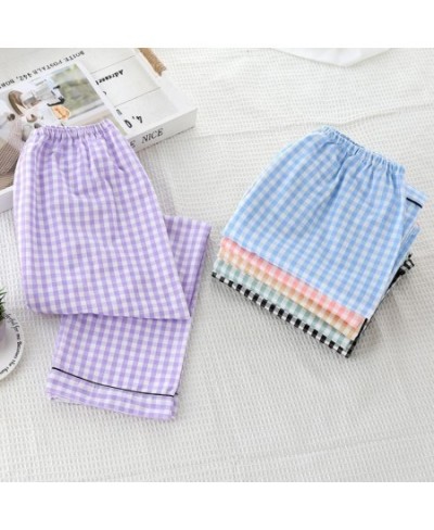 Thick Pajamas 100% Cotton Sleep Bottoms Women Plaid Japanese Style Spring Summer Cotton Home Pants Loose Large Size Trousers ...