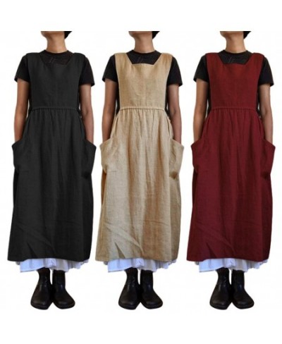 Dresses for Women 2023 Solid Color Sleeveless Square Neck Pockets Cotton Linen Apron Loose Long Dress Casual Overalls $33.17 ...