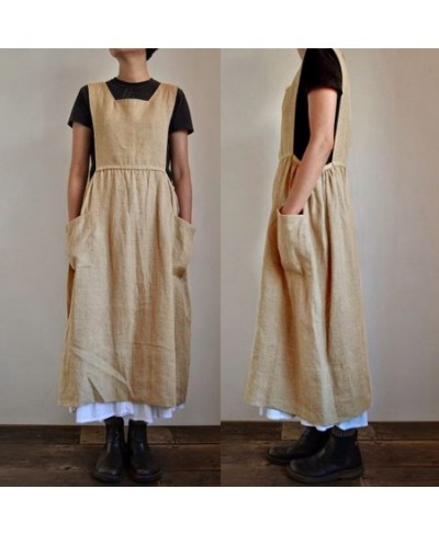 Dresses for Women 2023 Solid Color Sleeveless Square Neck Pockets Cotton Linen Apron Loose Long Dress Casual Overalls $33.17 ...