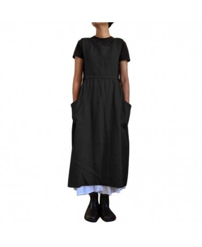 Dresses for Women 2023 Solid Color Sleeveless Square Neck Pockets Cotton Linen Apron Loose Long Dress Casual Overalls $33.17 ...