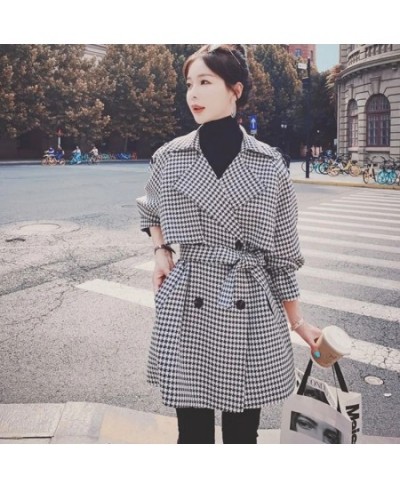 Spring Women Houndstooth Plaid Short Trench Coat With Sashes Long Sleeve Double-breasted Female Windproof Jacket Abrigo Mujer...