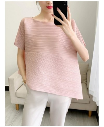 Pleated Irregular Short Sleeve T-shirt Solid Color Pullover Loose Round Collar Slim Fit 2023 Summer Female Clothing 17D391 $3...