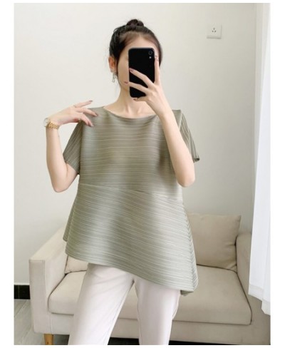 Pleated Irregular Short Sleeve T-shirt Solid Color Pullover Loose Round Collar Slim Fit 2023 Summer Female Clothing 17D391 $3...