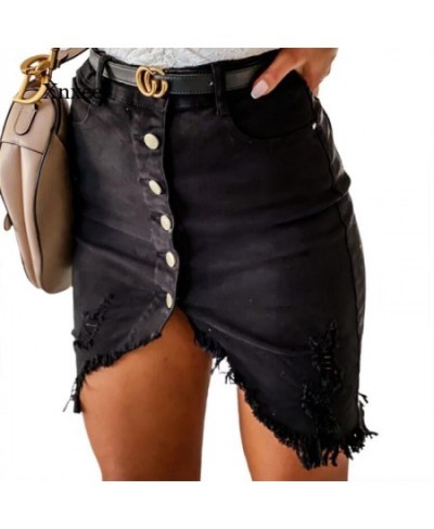 Summer Women's Ripped Denim Skirt Single-Breasted Brushed Decorative Irregular Hem Clothing Women's Solid Color Sexy $51.20 -...