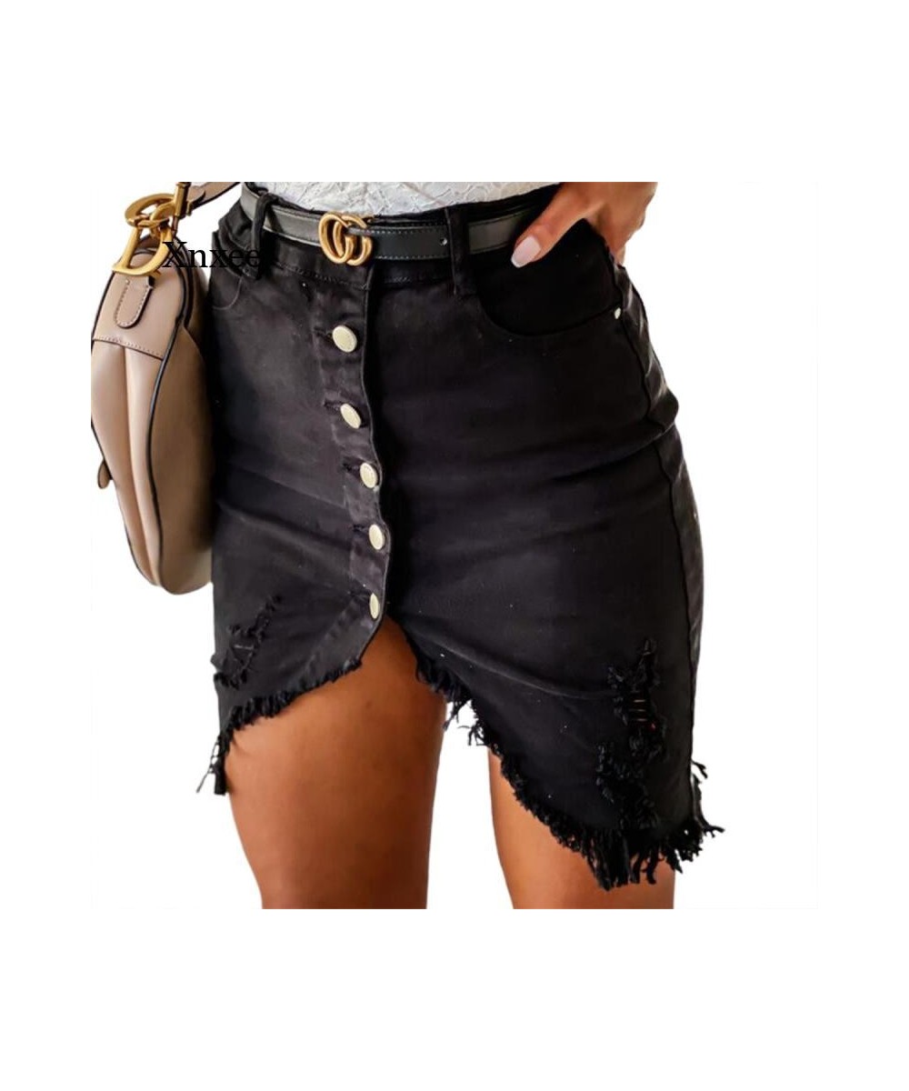 Summer Women's Ripped Denim Skirt Single-Breasted Brushed Decorative Irregular Hem Clothing Women's Solid Color Sexy $51.20 -...