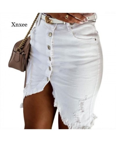 Summer Women's Ripped Denim Skirt Single-Breasted Brushed Decorative Irregular Hem Clothing Women's Solid Color Sexy $51.20 -...