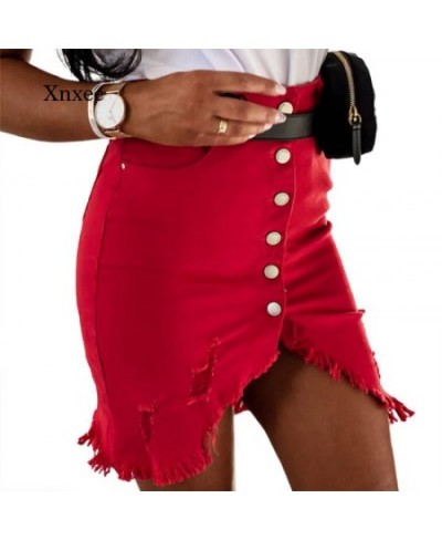 Summer Women's Ripped Denim Skirt Single-Breasted Brushed Decorative Irregular Hem Clothing Women's Solid Color Sexy $51.20 -...