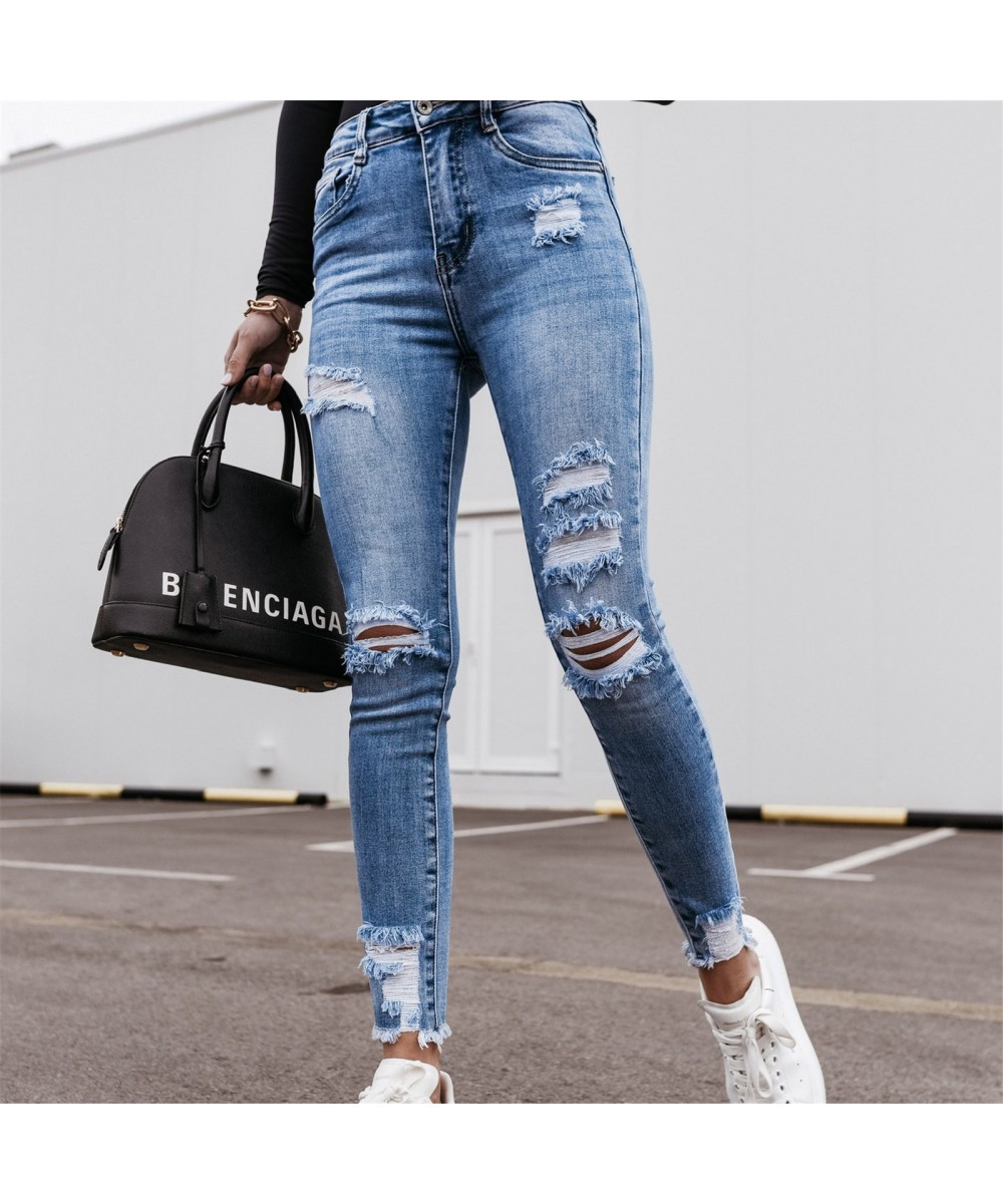 High Waist Jeans For Women Ripped Hole Jeans Button Pocket Elastic Trousers Slim Denim Women's Jeans Push Up Streetwear Fashi...