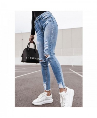 High Waist Jeans For Women Ripped Hole Jeans Button Pocket Elastic Trousers Slim Denim Women's Jeans Push Up Streetwear Fashi...