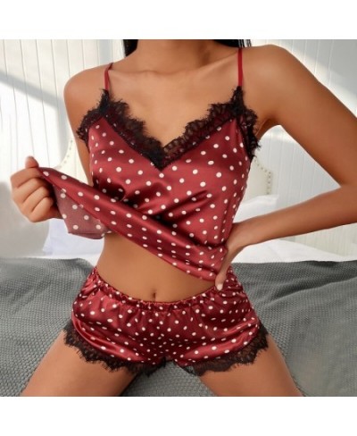 2022 Lace Pijama Dot Print Women's Pajama Sets V-Neck Stretch Satin Sexy Lingerie Sleepwear Pajamas Home Wear Nightwear $26.3...