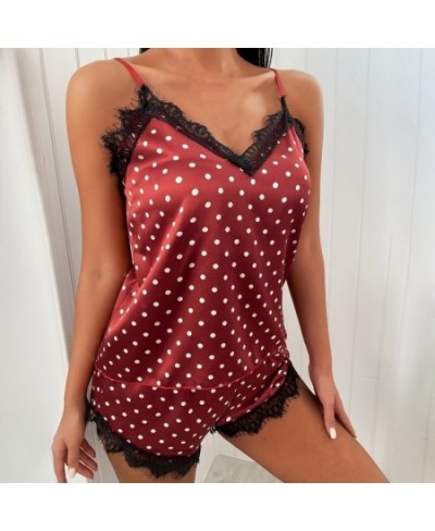 2022 Lace Pijama Dot Print Women's Pajama Sets V-Neck Stretch Satin Sexy Lingerie Sleepwear Pajamas Home Wear Nightwear $26.3...