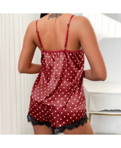 2022 Lace Pijama Dot Print Women's Pajama Sets V-Neck Stretch Satin Sexy Lingerie Sleepwear Pajamas Home Wear Nightwear $26.3...