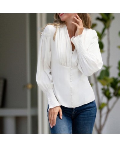 Women Renaissance Ruched Shirt Victorian Long Sleeves V-Neck Button-up Ruffle Blouse Elegant Dressy Shirt Business Tops A30 $...