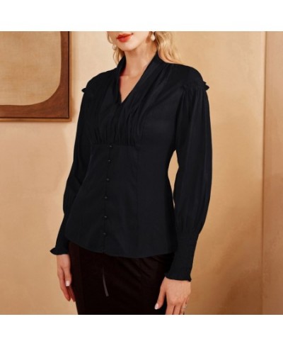 Women Renaissance Ruched Shirt Victorian Long Sleeves V-Neck Button-up Ruffle Blouse Elegant Dressy Shirt Business Tops A30 $...