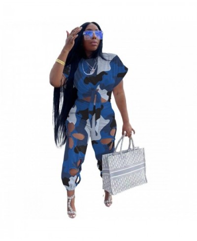 3XL Camouflage Set Women Fashion Bow Tie Hem T Shirt Sport Lace Up Crop Top Holes Long Pants Set Workout Ladies 2 Piece Set $...