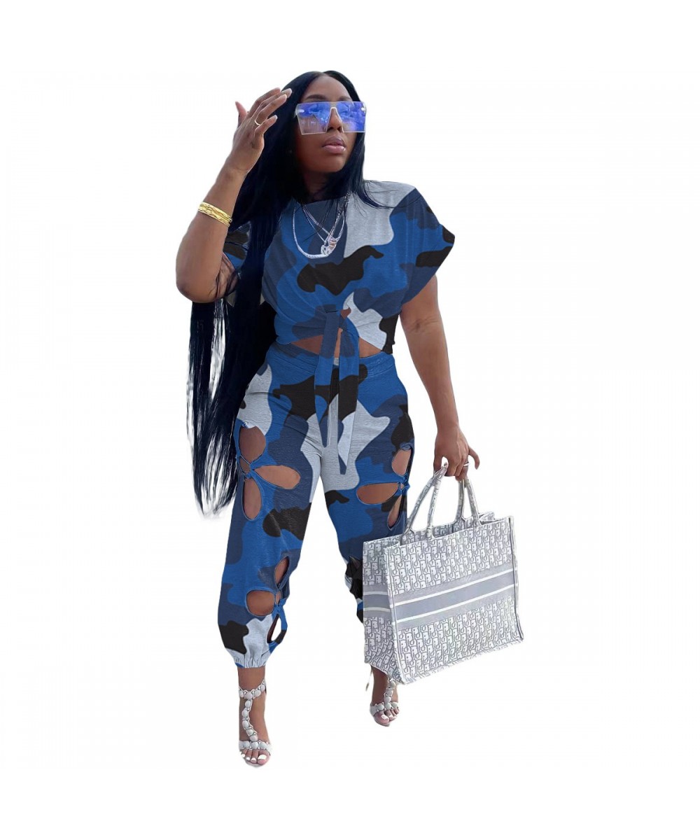 3XL Camouflage Set Women Fashion Bow Tie Hem T Shirt Sport Lace Up Crop Top Holes Long Pants Set Workout Ladies 2 Piece Set $...