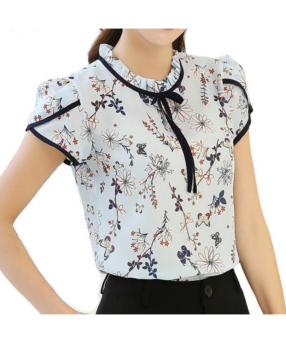 Fashionable Elegant Women Floral Print Blouse Short Sleeve Loose Chiffon Shirt For Daily Office $18.33 - Women Tops