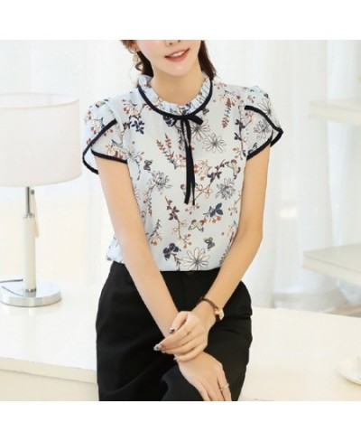 Fashionable Elegant Women Floral Print Blouse Short Sleeve Loose Chiffon Shirt For Daily Office $18.33 - Women Tops