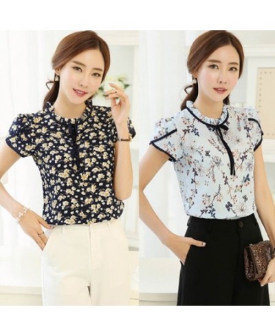 Fashionable Elegant Women Floral Print Blouse Short Sleeve Loose Chiffon Shirt For Daily Office $18.33 - Women Tops