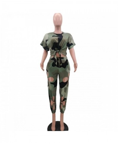 3XL Camouflage Set Women Fashion Bow Tie Hem T Shirt Sport Lace Up Crop Top Holes Long Pants Set Workout Ladies 2 Piece Set $...