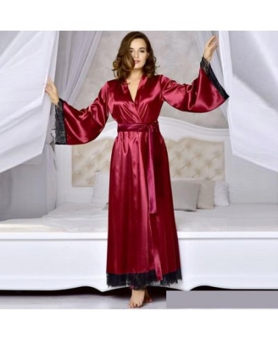 Women's Lace-Trimmed Satin Long Kimono Silk Robe Silky Nightgowns Bathrobe Loungewear $50.48 - Sleepwears