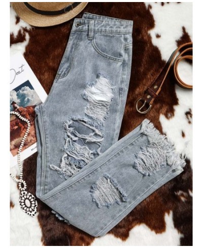 Double Side Ripped Hole Women Denim Jeans 2023 New Designer Frayed Hem Distressed Denim Pants Button Fly Casual Streetwear $5...