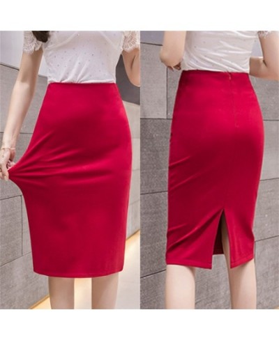 Elegant High Waist Skirts Workwear Plus Size Midi Skirt Slit Black Red elastic Office Lady Bodycon Pencil Skirts Womens 4XL 5...