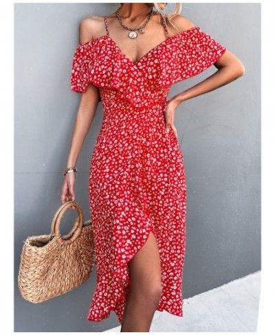 Summer Floral Print Dress Women Sexy Elegant Strap V-Neck Midi Dresses Female Casual Beach Irregular Ruffle Hem Slit Chic Dre...