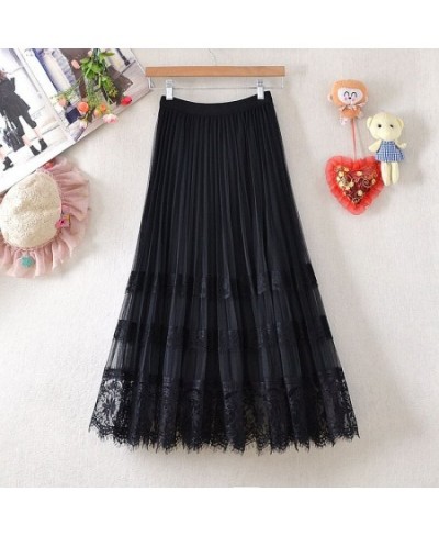 Lace Patchwork Mesh Pleated Summer Skirts Womens Fashion Solid High Waist Elegant Office Ladies Tulle Midi Skirt Party Rok 20...