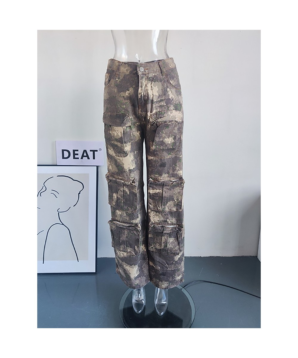 Fashion Women's Pants Loose Straight High Waist Drawstring Multiple Pockets Wid Leg Camouflage Trousers Spring 2023 New $85.5...