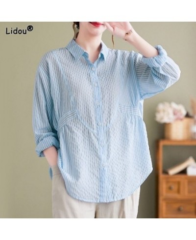 Loose Elegant Spring Summer Thin Striped Blouses Button Turn-down Collar Korean Casual Fashion Simplicity Women's Clothing 20...