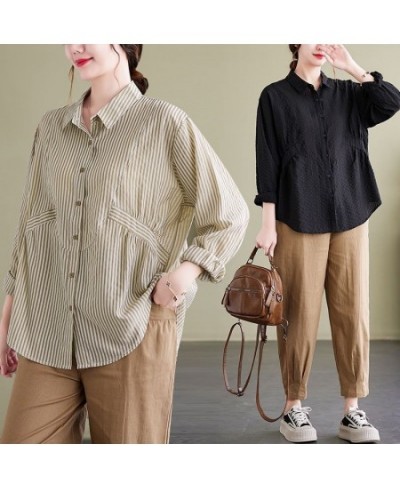 Loose Elegant Spring Summer Thin Striped Blouses Button Turn-down Collar Korean Casual Fashion Simplicity Women's Clothing 20...