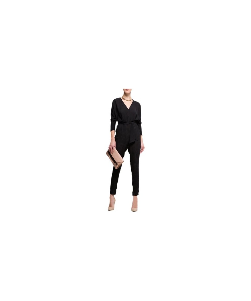 Womens High Waist Long Sleeve Black Chiffon Jumpsuit Europe Siamese pants graceful lady deep V-neckline catsuit $93.34 - Jump...