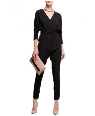 Womens High Waist Long Sleeve Black Chiffon Jumpsuit Europe Siamese pants graceful lady deep V-neckline catsuit $93.34 - Jump...