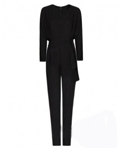 Womens High Waist Long Sleeve Black Chiffon Jumpsuit Europe Siamese pants graceful lady deep V-neckline catsuit $93.34 - Jump...