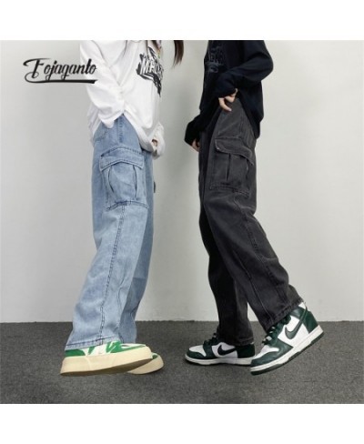 Men Jean Pants Japanese Retro Washed Straight Wide-Leg Jeans Loose Big Pocket Couple Hip Hop Street Denim Pants Male $48.34 -...